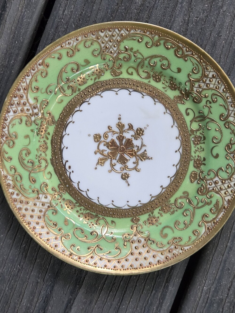 Vtg Nippon Green & Raised Gold Moriage Style Saucers (3)